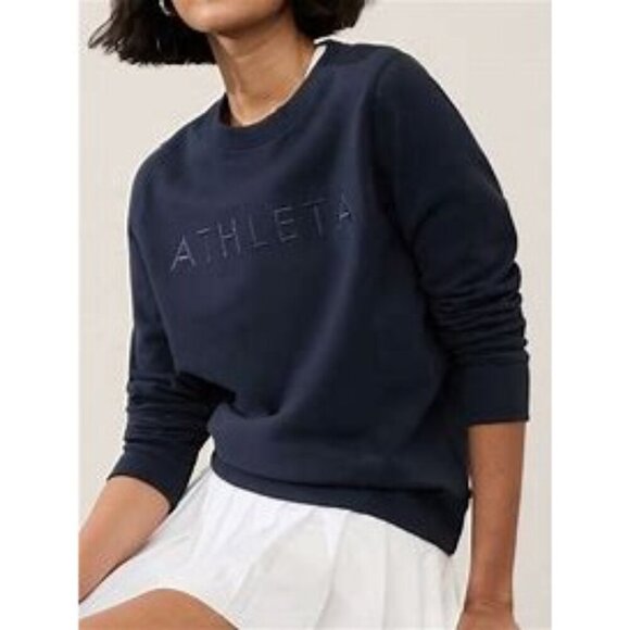 Athleta Logo Fleece Crewneck Sweatshirt Navy XS - Picture 1 of 9
